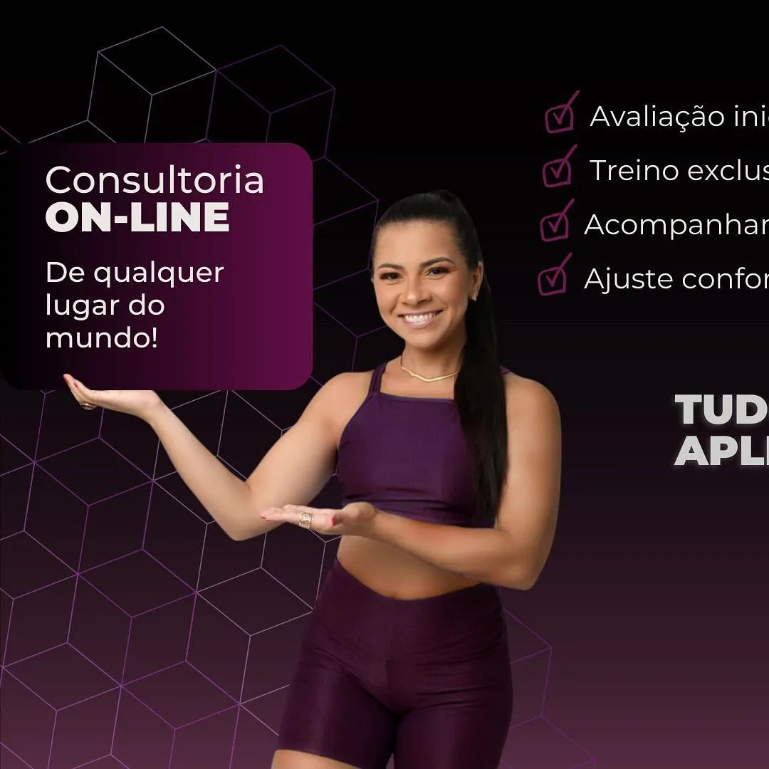 Grafico publicado por Mayara Barros descrevendo a consultoria online com avaliacao, treino exclusivo, acompanhamento e ajustes pelo aplicativo